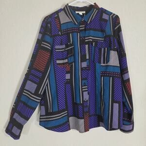 Dana Buchman Blouse XL Black Geometric Abstract Print Bold Casual Dressy Office
